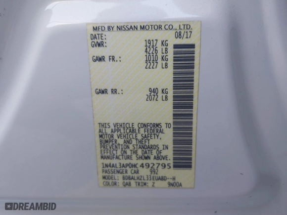 2017 Nissan Altima 2.5 SR with VIN 1N4AL3AP0HC492795, listed as a IAAI auction lot 41801120 with 233,478 mi miles. Bid and sale history available at carsss.com. Image 9.