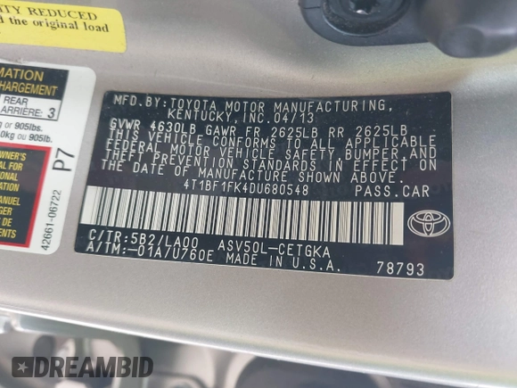 2013 Toyota Camry L with VIN 4T1BF1FK4DU680548, listed as a IAAI auction lot 41779953 with 1 mi miles. Bid and sale history available at carsss.com. Image 9.