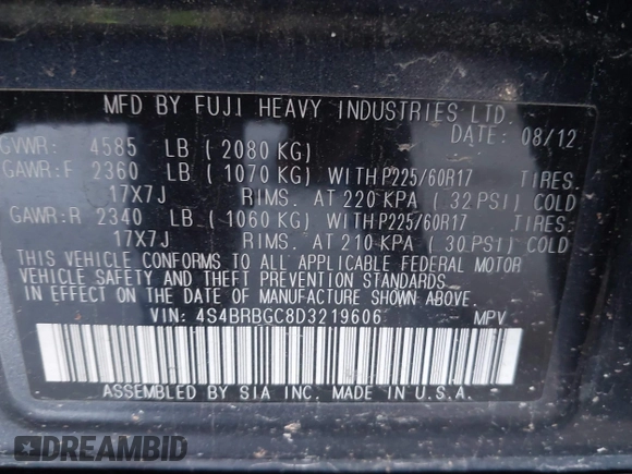 2013 Subaru Outback Premium with VIN 4S4BRBGC8D3219606, listed as a IAAI auction lot 42105566 with 167,472 mi miles and . Bid and sale history available at DreamBid. Image 9.
