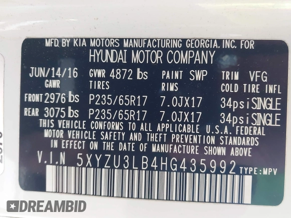 2017 Hyundai Santa Fe 2.4L z VIN 5XYZU3LB4HG435992, wystawiony jako IAAI lot #40927607 z przebiegiem 104 868 mil mil oraz . Historia ofert i sprzedaży dostępna na DreamBid. Obrazek 9.