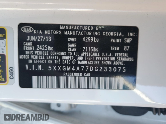 2013 Kia Optima LX with VIN 5XXGM4A77DG233075, listed as a Copart auction lot 51479855 with 131,332 mi miles and Salvage Title. Bid and sale history available at carsss.com. Image 12.