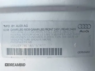 2008 Audi A4 2.0T with VIN WAUDF78E18A151411, listed as a IAAI auction lot 42034389 with Not provided miles and . Bid and sale history available at DreamBid. Image 9.