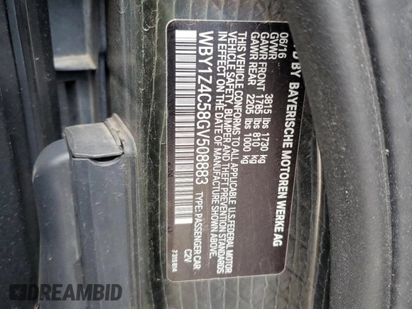2016 BMW i3 with VIN WBY1Z4C58GV508883, listed as a Copart auction lot 55254715 with 99,644 mi miles and Clean title. Bid and sale history available at DreamBid. Image 12.