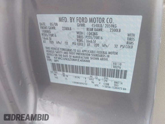 2008 Ford Escape XLS with VIN 1FMCU92Z08KE45688, listed as a IAAI auction lot 42275426 with Not provided miles and . Bid and sale history available at DreamBid. Image 9.