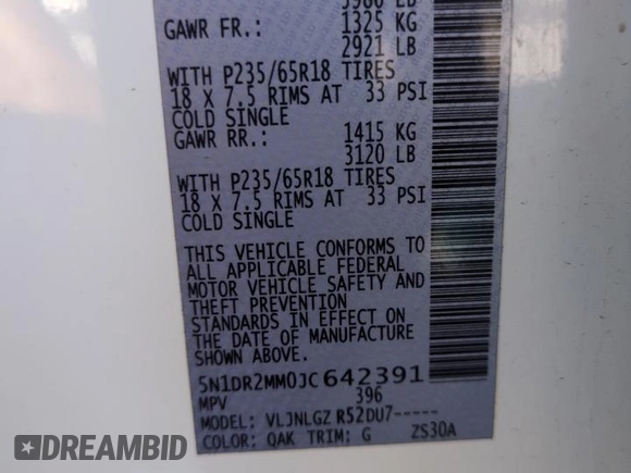 2018 Nissan Pathfinder S with VIN 5N1DR2MM0JC642391, listed as a Copart auction lot 53089395 with 91,571 mi miles and Salvage Title. Bid and sale history available at DreamBid. Image 14.