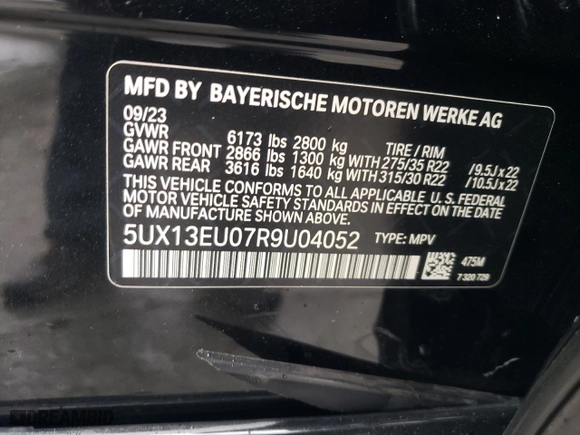 2024 BMW X5 sDrive40i with VIN 5UX13EU07R9U04052, listed as a Copart auction lot 44215095 with 22,655 mi miles and Salvage Title. Bid and sale history available at carsss.com. Image 13.