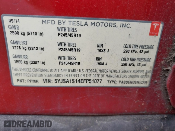 2014 Tesla Model S 60 with VIN 5YJSA1S14EFP51077, listed as a Copart auction lot 47918905 with 167,594 mi miles and Salvage title. Bid and sale history available at DreamBid. Image 13.