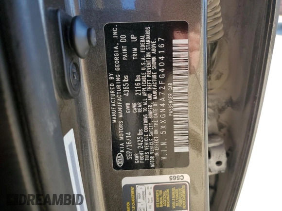 2015 Kia Optima EX with VIN 5XXGN4A72FG404167, listed as a Copart auction lot 53261445 with 156,517 mi miles and Salvage Title. Bid and sale history available at carsss.com. Image 12.