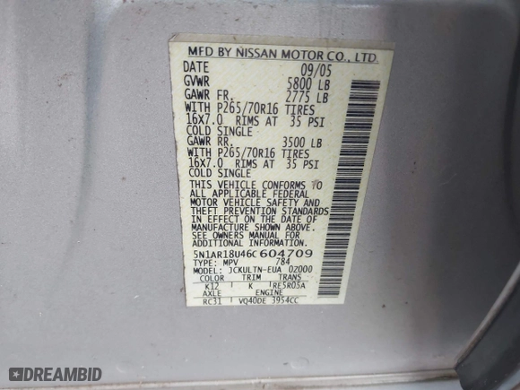 2006 Nissan Pathfinder SE with VIN 5N1AR18U46C604709, listed as a IAAI auction lot 41735976 with 123,548 mi miles. Bid and sale history available at carsss.com. Image 9.