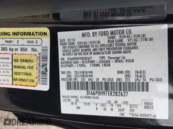 2014 Ford Fusion SE with VIN 3FA6P0H97ER282627, listed as a IAAI auction lot 41931789 with 133,815 mi miles and . Bid and sale history available at carsss.com. Image 9.