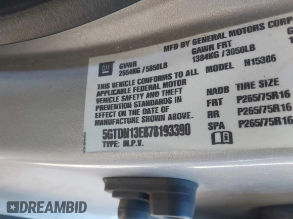 2007 Hummer H3 SUV with VIN 5GTDN13E878193390, listed as a IAAI auction lot 41878316 with 131,160 mi miles and . Bid and sale history available at DreamBid. Image 9.
