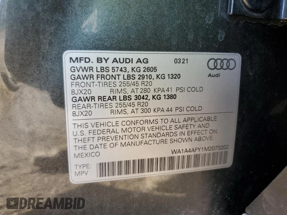 2021 Audi SQ5 Premium Plus with VIN WA1A4AFY1M2073202, listed as a Copart auction lot 75357073 with 39,697 mi miles. Bid and sale history available at carsss.com. Image 13.