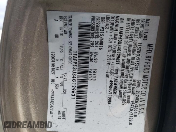 2004 Ford Taurus SE with VIN 1FAFP53U34G129631, listed as a Copart auction lot 45054375 with 182,089 mi miles and Salvage title. Bid and sale history available at DreamBid. Image 12.