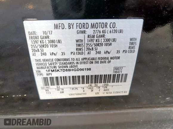 2017 Ford Explorer XLT z VIN 1FM5K7D88HGD96198, wystawiony jako Copart lot #64173105 z przebiegiem 137 081 mil mil oraz Szkoda całkowita • Salvage title. Historia ofert i sprzedaży dostępna na DreamBid. Obrazek 14.