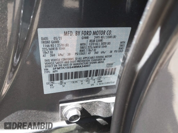 2021 Ford Mustang Mach-E Select with VIN 3FMTK1SS4MMA34887, listed as a IAAI auction lot 41892804 with 99,862 mi miles and . Bid and sale history available at DreamBid. Image 9.