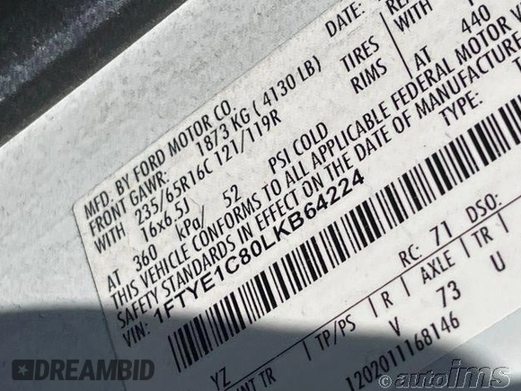 2020 Ford Transit Cargo with VIN 1FTYE1C80LKB64224, listed as a IAAI auction lot 42729880 with 119,358 mi miles and . Bid and sale history available at DreamBid. Image 17.