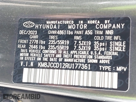 2024 Hyundai Tucson SEL Convenience with VIN KM8JCCD12RU177361, listed as a IAAI auction lot 41719924 with 6,759 mi miles and . Bid and sale history available at carsss.com. Image 9.