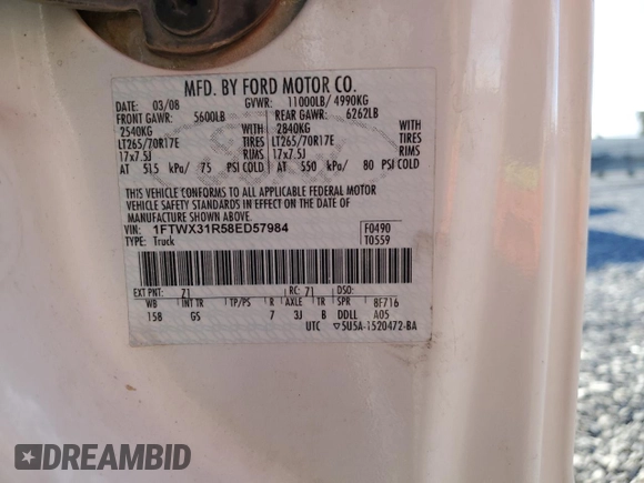 2008 Ford F-350 XL with VIN 1FTWX31R58ED57984, listed as a Copart auction lot 43121415 with 182,945 mi miles and Salvage Title. Bid and sale history available at DreamBid. Image 13.