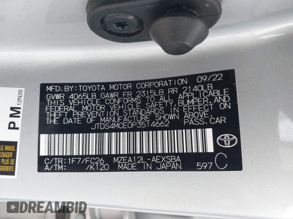 2023 Toyota Corolla SE with VIN JTDS4MCE0P3514662, listed as a IAAI auction lot 41878857 with 52,674 mi miles and . Bid and sale history available at DreamBid. Image 9.