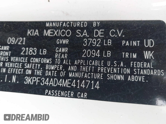 2021 Kia Forte GT-Line с VIN 3KPF34AD4ME414714, выставлен на аукционе IAAI как лот 42356802 с пробегом 32 242 миль миль и . История ставок и продаж доступна на DreamBid. Изображение 9.