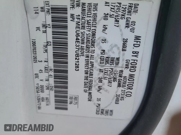 2007 Ford Explorer Eddie Bauer with VIN 1FMEU64E37UB21283, listed as a Copart auction lot 58893965 with Not provided miles and Salvage title. Bid and sale history available at DreamBid. Image 13.