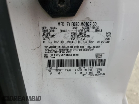 2006 Ford F-350 XL with VIN 1FTSF305X6EC68845, listed as a Copart auction lot 54067395 with 297,762 mi miles and Clean Title. Bid and sale history available at DreamBid. Image 12.