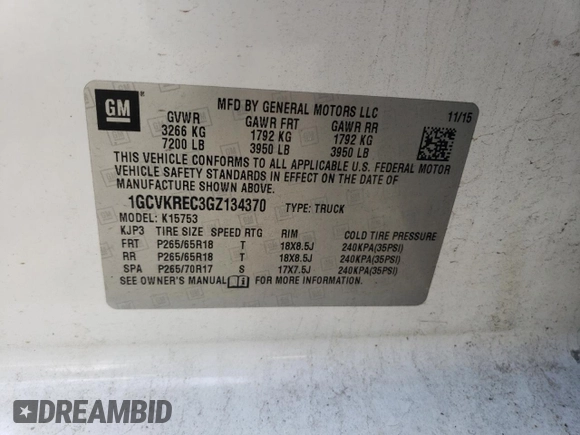 2016 Chevrolet Silverado 1500 LT with VIN 1GCVKREC3GZ134370, listed as a Copart auction lot 55027635 with 222,093 mi miles and Salvage Title. Bid and sale history available at DreamBid. Image 12.