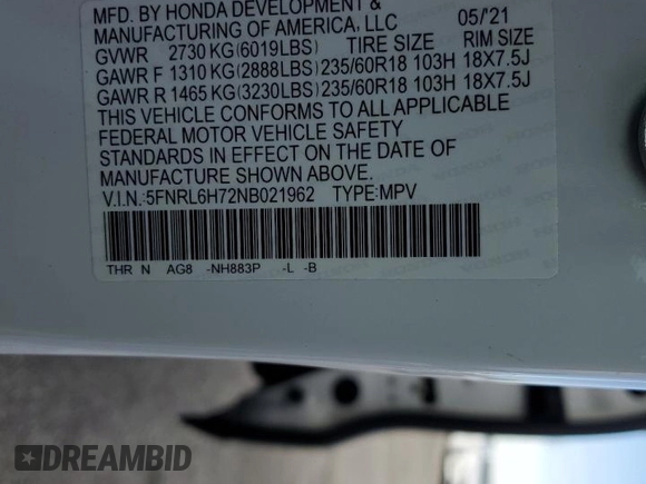 2022 Honda Odyssey EX-L with VIN 5FNRL6H72NB021962, listed as a Copart auction lot 47251375 with 47,627 mi miles and Salvage Title. Bid and sale history available at DreamBid. Image 16.