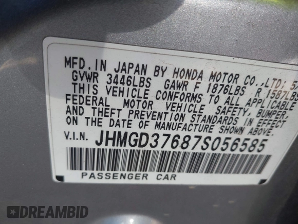2007 Honda Fit Sport with VIN JHMGD37687S056585, listed as a IAAI auction lot 41969973 with 138,387 mi miles. Bid and sale history available at carsss.com. Image 9.
