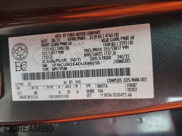 2013 Ford Escape SE с VIN 1FMCU9GX4DUA96010, выставлен на аукционе Copart как лот 57591945 с пробегом 162 760 миль миль и Списание • Salvage title. История ставок и продаж доступна на DreamBid. Изображение 14.