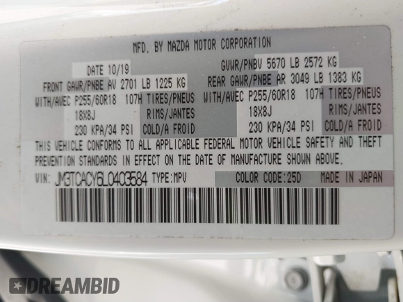 2020 Mazda CX-9 Touring with VIN JM3TCACY6L0403584, listed as a IAAI auction lot 41784589 with 55,328 mi miles and . Bid and sale history available at DreamBid. Image 9.