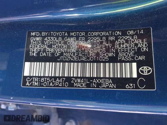 2014 Toyota Prius Two with VIN JTDZN3EU4EJ011025, listed as a IAAI auction lot 41837165 with 181,187 mi miles and . Bid and sale history available at DreamBid. Image 9.