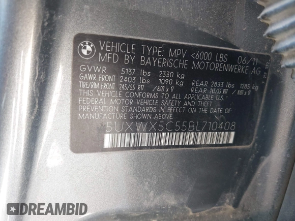 2011 BMW X3 28i with VIN 5UXWX5C55BL710408, listed as a IAAI auction lot 42087592 with 168,569 mi miles and . Bid and sale history available at DreamBid. Image 9.