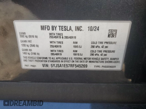2024 Tesla Model S z VIN 5YJSA1E57RF545269, wystawiony jako Copart lot #87419784 z przebiegiem Nie podano mil oraz Szkoda całkowita • Salvage title. Historia ofert i sprzedaży dostępna na DreamBid. Obrazek 13.