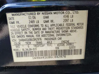 2006 Nissan Maxima 3.5 SL with VIN 1N4BA41E86C842976, listed as a IAAI auction lot 41950183 with 1 mi miles. Bid and sale history available at carsss.com. Image 9.