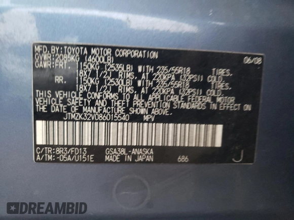 2008 Toyota RAV4 Sport with VIN JTMZK32V086015540, listed as a Copart auction lot 80274004 with 155,270 mi miles and Clean title. Bid and sale history available at DreamBid. Image 12.