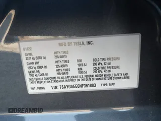2022 Tesla Model Y Long Range with VIN 7SAYGAEE6NF361883, listed as a IAAI auction lot 41752441 with 50,493 mi miles and . Bid and sale history available at DreamBid. Image 9.