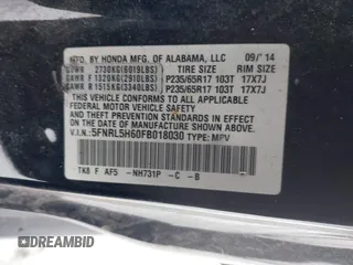 2015 Honda Odyssey EX-L with VIN 5FNRL5H60FB018030, listed as a IAAI auction lot 41608357 with 166,214 mi miles and . Bid and sale history available at carsss.com. Image 9.