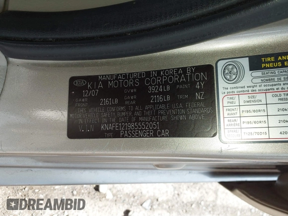 2008 Kia Spectra SX with VIN KNAFE121985552051, listed as a IAAI auction lot 41887222 with 45,308 mi miles. Bid and sale history available at carsss.com. Image 9.