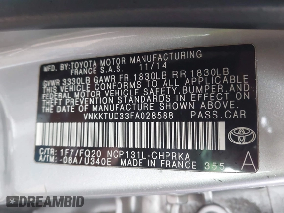 2015 Toyota Yaris L with VIN VNKKTUD33FA028588, listed as a IAAI auction lot 41575230 with 148,071 mi miles. Bid and sale history available at carsss.com. Image 9.