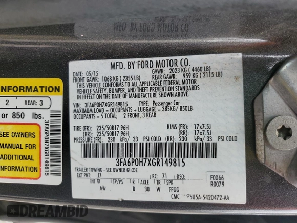 2016 Ford Fusion SE with VIN 3FA6P0H7XGR149815, listed as a Copart auction lot 49682605 with 166,488 mi miles and Salvage Title. Bid and sale history available at carsss.com. Image 14.
