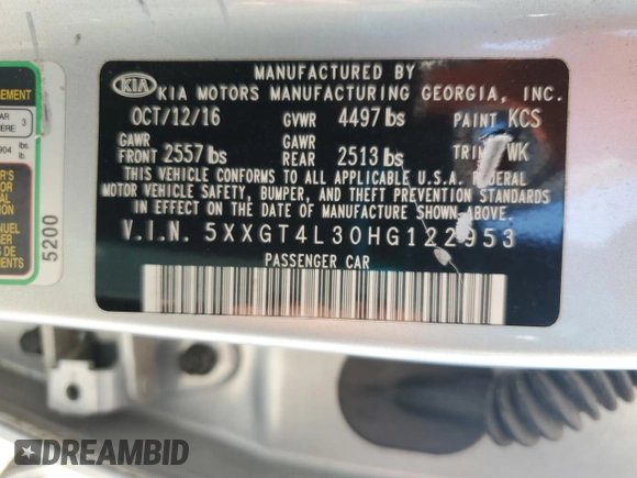 2017 Kia Optima LX with VIN 5XXGT4L30HG122953, listed as a Copart auction lot 47247965 with 144,438 mi miles and Salvage Title. Bid and sale history available at carsss.com. Image 12.
