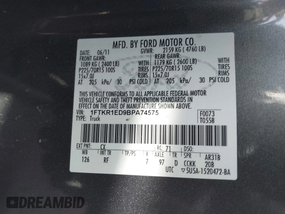 2011 Ford Ranger XL with VIN 1FTKR1ED9BPA74575, listed as a IAAI auction lot 41679917 with 197,986 mi miles. Bid and sale history available at carsss.com. Image 9.