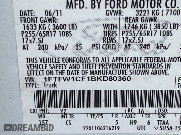 2011 Ford F-150 XL with VIN 1FTFW1CF1BKD80360, listed as a IAAI auction lot 42111754 with 157,139 mi miles. Bid and sale history available at carsss.com. Image 1.