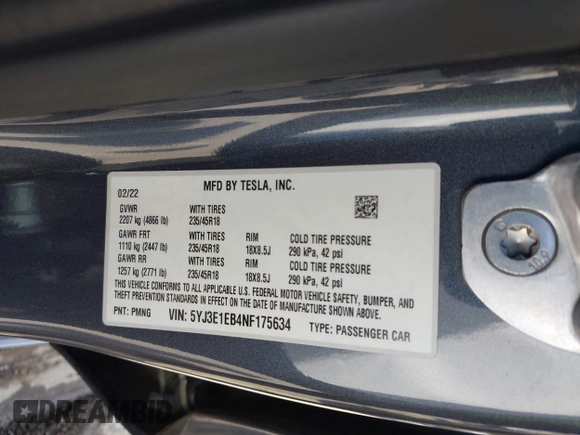 2022 Tesla Model 3 Long Range z VIN 5YJ3E1EB4NF175634, wystawiony jako IAAI lot #42021674 z przebiegiem 39 475 mil mil oraz . Historia ofert i sprzedaży dostępna na DreamBid. Obrazek 9.