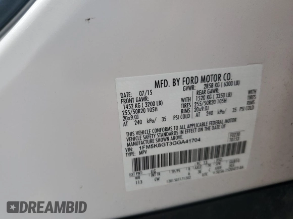 2016 Ford Explorer Sport with VIN 1FM5K8GT3GGA41704, listed as a Copart auction lot 61453515 with 101,801 mi miles and Salvage title. Bid and sale history available at DreamBid. Image 13.
