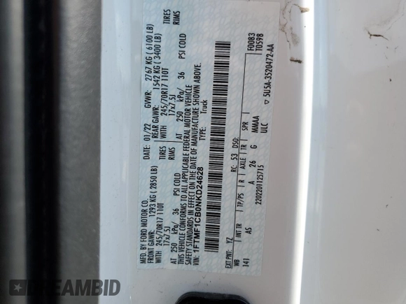 2022 Ford F-150 XL with VIN 1FTMF1CB0NKD24628, listed as a Copart auction lot 47822995 with 34,664 mi miles and Salvage Title. Bid and sale history available at carsss.com. Image 12.