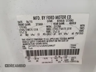 2010 Ford F-150 with VIN 1FTPF1CV3AKE29827, listed as a IAAI auction lot 42782596 with 152,434 mi miles and . Bid and sale history available at DreamBid. Image 29.