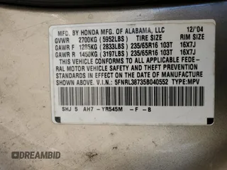 2005 Honda Odyssey EX-L with VIN 5FNRL38735B040552, listed as a Copart auction lot 57435355 with 183,768 mi miles and Salvage title. Bid and sale history available at DreamBid. Image 13.