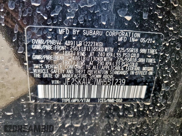 2021 Subaru Forester Limited with VIN JF2SKAUC7MH551239, listed as a Copart auction lot 63401825 with 42,104 mi miles and Salvage title. Bid and sale history available at DreamBid. Image 13.